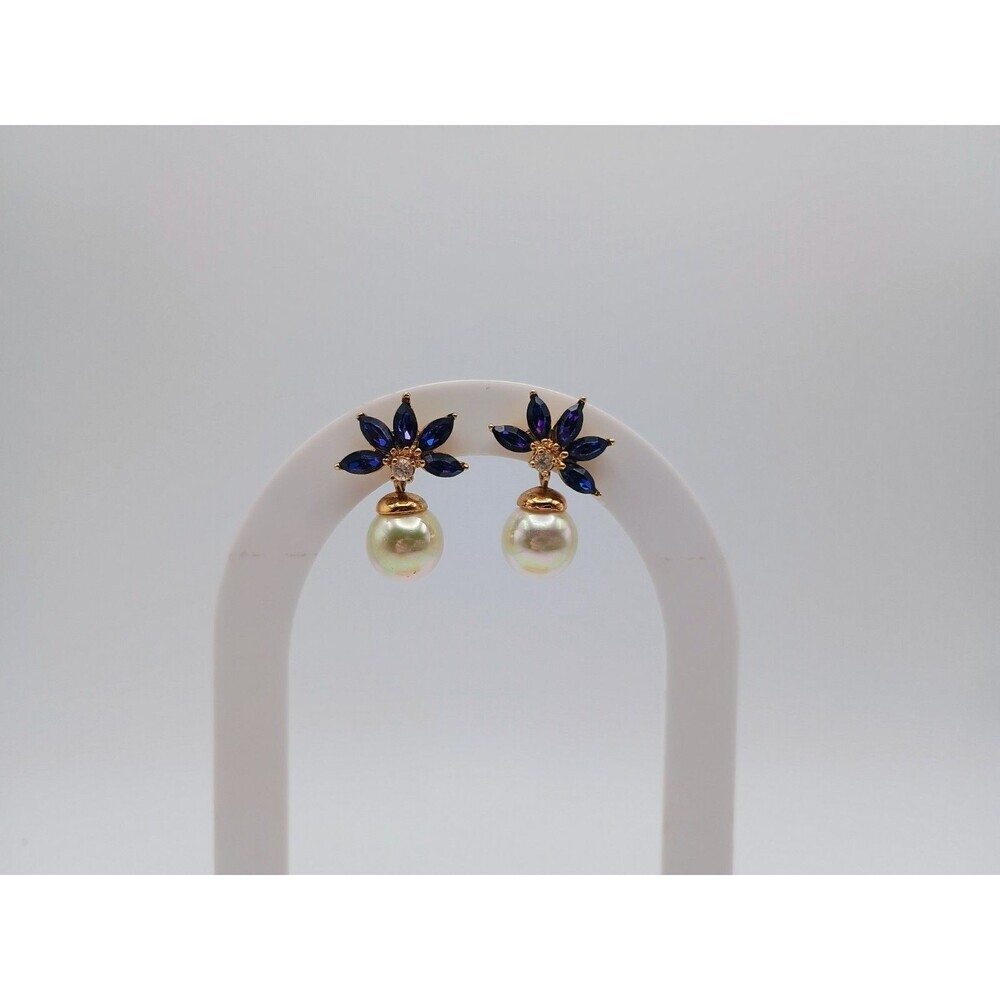 Vintage ROMAN Deep Purple/Blue Crystal Flower Earrings Faux Pearl Dangle 1"